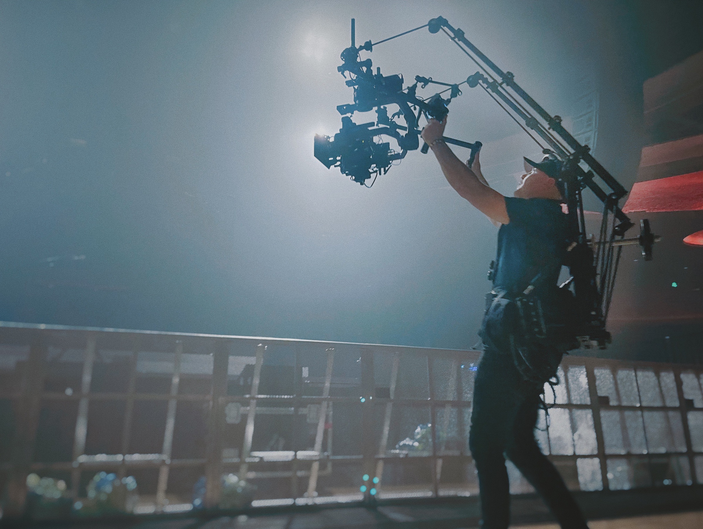 Jorel O'Dell flying a camera rig on stage