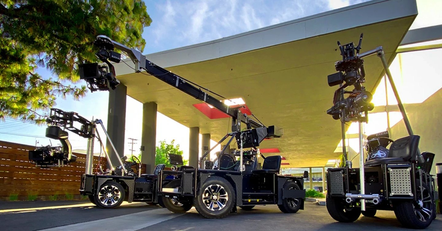 Patriot electric camera cars rigged with a jib arm and remote heads