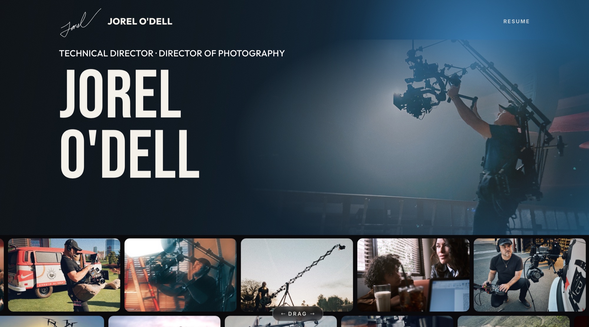 The top of jorelodell.com: the name, the camera rig photo and the behind-the-scenes strip